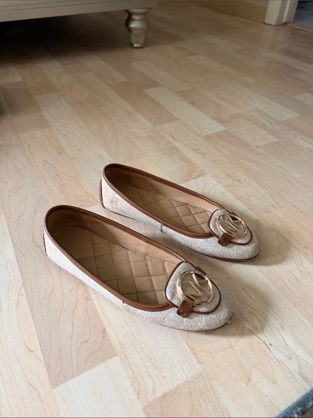 Michael Kors Cream Quilted Ballet Flats with Gold MK Emblem